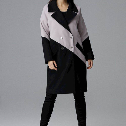 Two-Tone Coat with Turn-Up Collar & Silver Snap Fasteners - MimiStylez