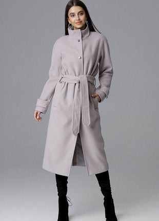 Elegant Single-Breasted Long Coat with Waist Belt & Back Slit - MimiStylez