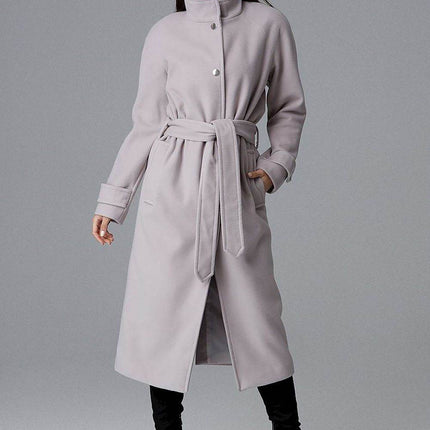 Elegant Single-Breasted Long Coat with Waist Belt & Back Slit - MimiStylez