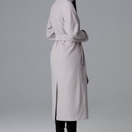 Elegant Single-Breasted Long Coat with Waist Belt & Back Slit - MimiStylez