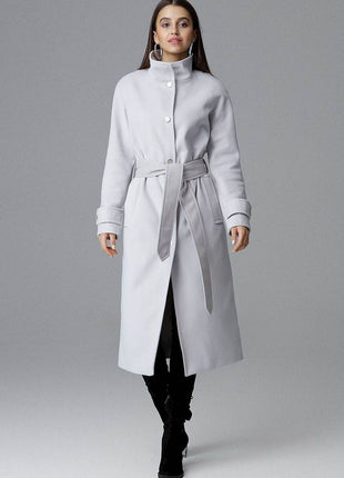 Elegant Single-Breasted Long Coat with Waist Belt & Back Slit - MimiStylez