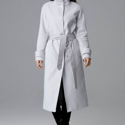 Elegant Single-Breasted Long Coat with Waist Belt & Back Slit - MimiStylez