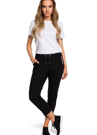 Cotton Trousers with Elastic Waist and 7/8 Straight Legs - MimiStylez