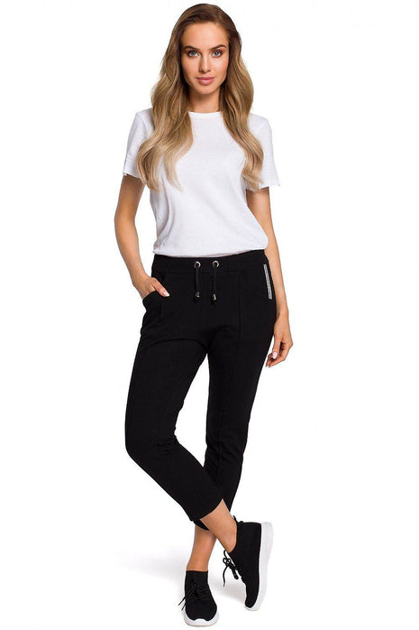 Cotton Trousers with Elastic Waist and 7/8 Straight Legs - MimiStylez