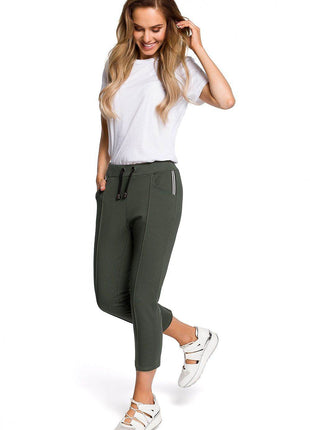 Cotton Trousers with Elastic Waist and 7/8 Straight Legs - MimiStylez
