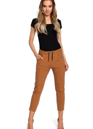 Cotton Trousers with Elastic Waist and 7/8 Straight Legs - MimiStylez
