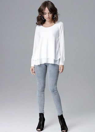 Loose-Fit Long Sleeve Blouse with Frill Detail & Half Round Neckline - MimiStylez