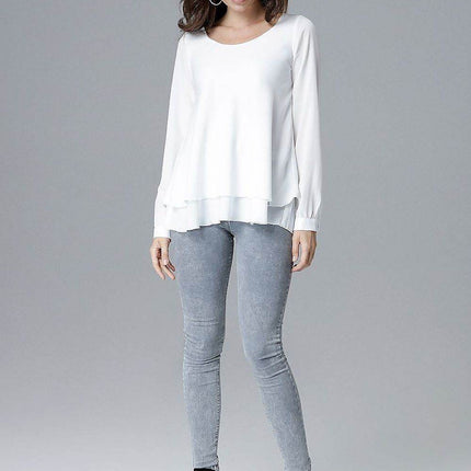 Loose-Fit Long Sleeve Blouse with Frill Detail & Half Round Neckline - MimiStylez