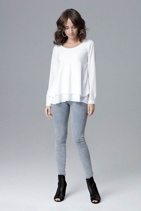 Loose-Fit Long Sleeve Blouse with Frill Detail & Half Round Neckline - MimiStylez