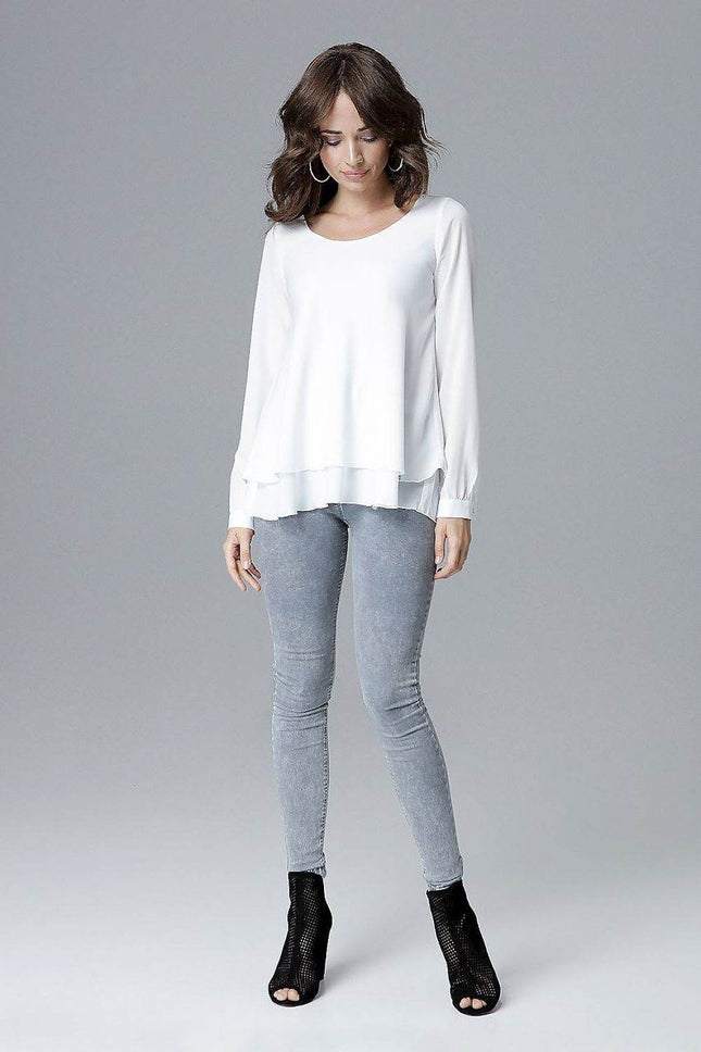 Loose-Fit Long Sleeve Blouse with Frill Detail & Half Round Neckline - MimiStylez