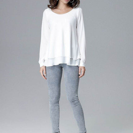 Loose-Fit Long Sleeve Blouse with Frill Detail & Half Round Neckline - MimiStylez