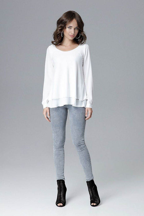 Loose-Fit Long Sleeve Blouse with Frill Detail & Half Round Neckline - MimiStylez