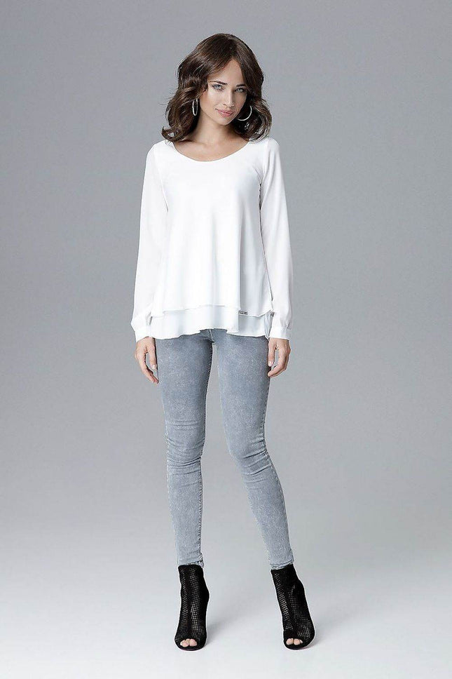 Loose-Fit Long Sleeve Blouse with Frill Detail & Half Round Neckline - MimiStylez
