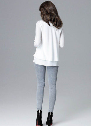Loose-Fit Long Sleeve Blouse with Frill Detail & Half Round Neckline - MimiStylez