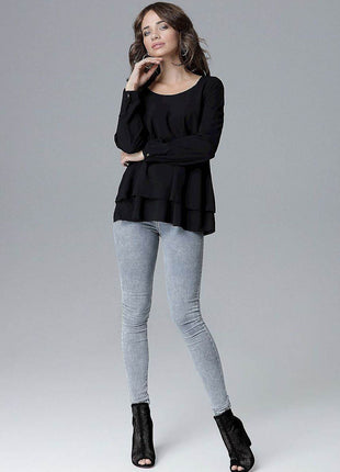 Loose-Fit Long Sleeve Blouse with Frill Detail & Half Round Neckline - MimiStylez