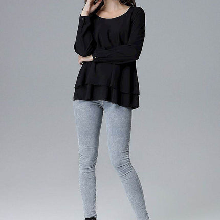 Loose-Fit Long Sleeve Blouse with Frill Detail & Half Round Neckline - MimiStylez
