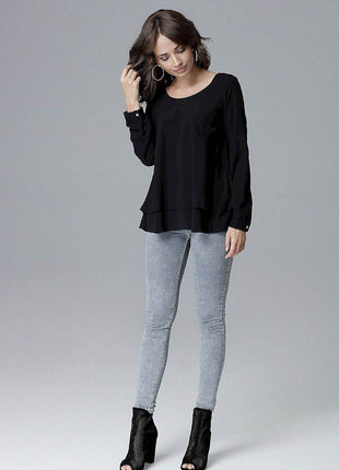 Loose-Fit Long Sleeve Blouse with Frill Detail & Half Round Neckline - MimiStylez