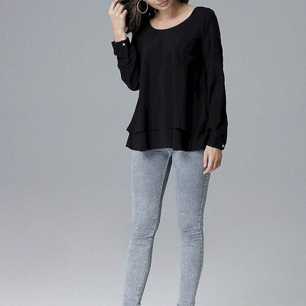 Loose-Fit Long Sleeve Blouse with Frill Detail & Half Round Neckline - MimiStylez