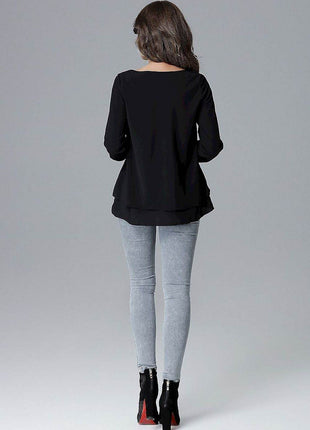 Loose-Fit Long Sleeve Blouse with Frill Detail & Half Round Neckline - MimiStylez