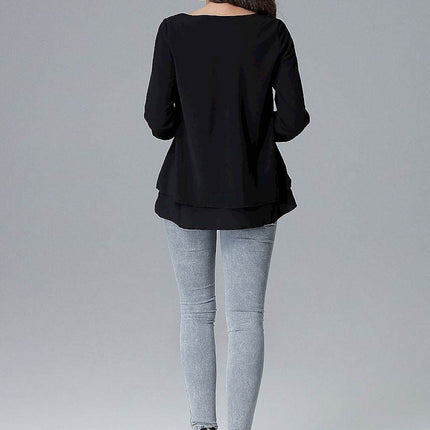 Loose-Fit Long Sleeve Blouse with Frill Detail & Half Round Neckline - MimiStylez