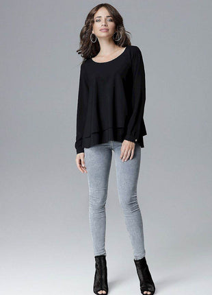 Loose-Fit Long Sleeve Blouse with Frill Detail & Half Round Neckline - MimiStylez