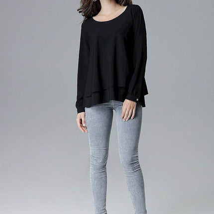 Loose-Fit Long Sleeve Blouse with Frill Detail & Half Round Neckline - MimiStylez