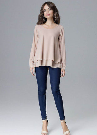 Loose-Fit Long Sleeve Blouse with Frill Detail & Half Round Neckline - MimiStylez