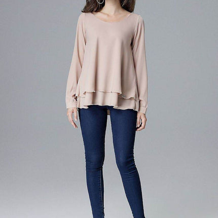 Loose-Fit Long Sleeve Blouse with Frill Detail & Half Round Neckline - MimiStylez