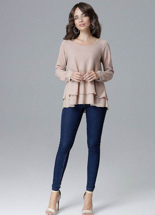 Loose-Fit Long Sleeve Blouse with Frill Detail & Half Round Neckline - MimiStylez