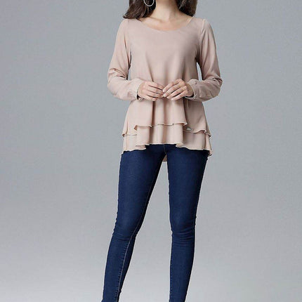 Loose-Fit Long Sleeve Blouse with Frill Detail & Half Round Neckline - MimiStylez