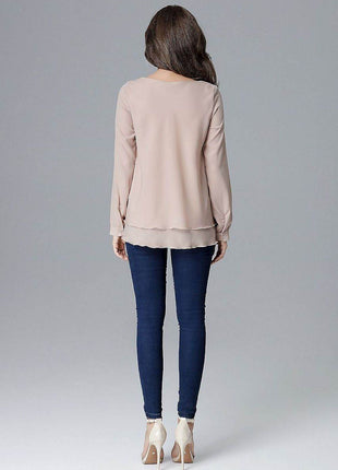 Loose-Fit Long Sleeve Blouse with Frill Detail & Half Round Neckline - MimiStylez