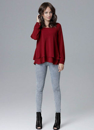 Loose-Fit Long Sleeve Blouse with Frill Detail & Half Round Neckline - MimiStylez