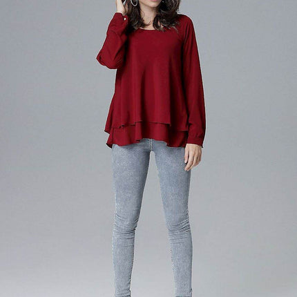 Loose-Fit Long Sleeve Blouse with Frill Detail & Half Round Neckline - MimiStylez