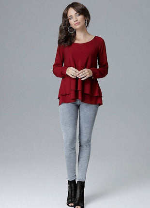 Loose-Fit Long Sleeve Blouse with Frill Detail & Half Round Neckline - MimiStylez