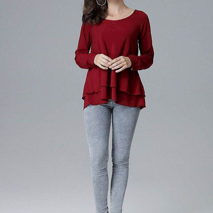Loose-Fit Long Sleeve Blouse with Frill Detail & Half Round Neckline - MimiStylez