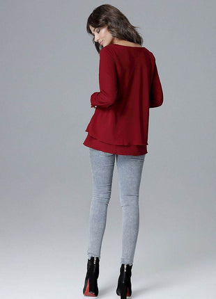 Loose-Fit Long Sleeve Blouse with Frill Detail & Half Round Neckline - MimiStylez