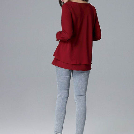 Loose-Fit Long Sleeve Blouse with Frill Detail & Half Round Neckline - MimiStylez