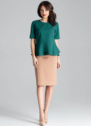 Short-Sleeve Blouse with Semi-Circular Neckline & Covered Back Zip - MimiStylez
