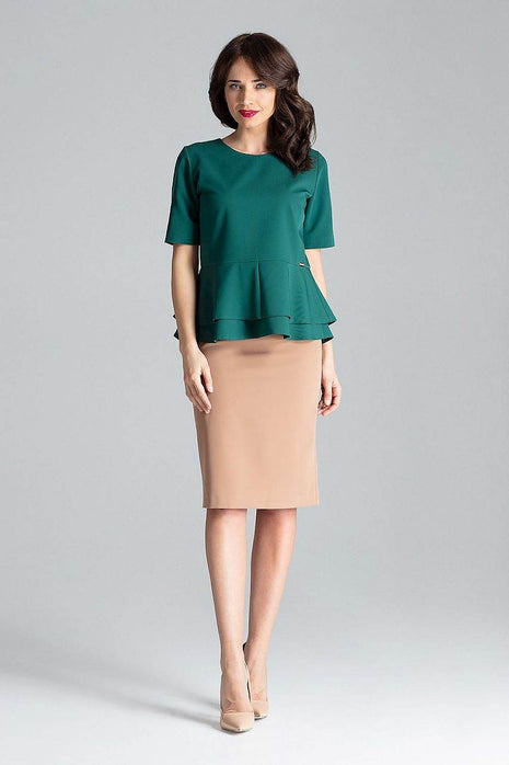 Short-Sleeve Blouse with Semi-Circular Neckline & Covered Back Zip - MimiStylez
