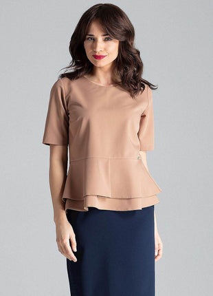 Short-Sleeve Blouse with Semi-Circular Neckline & Covered Back Zip - MimiStylez