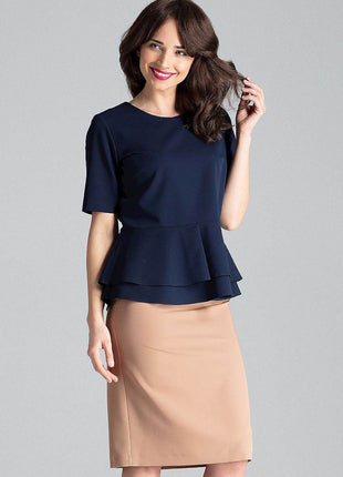 Short-Sleeve Blouse with Semi-Circular Neckline & Covered Back Zip - MimiStylez