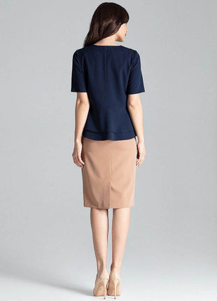 Short-Sleeve Blouse with Semi-Circular Neckline & Covered Back Zip - MimiStylez