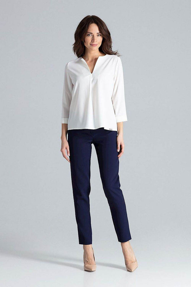 Loose-Fit Blouse with Long Cuffed Sleeves & Serek Neckline - MimiStylez