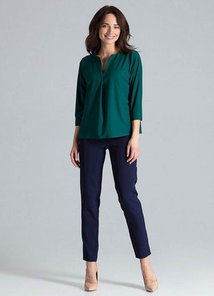 Loose-Fit Blouse with Long Cuffed Sleeves & Serek Neckline - MimiStylez