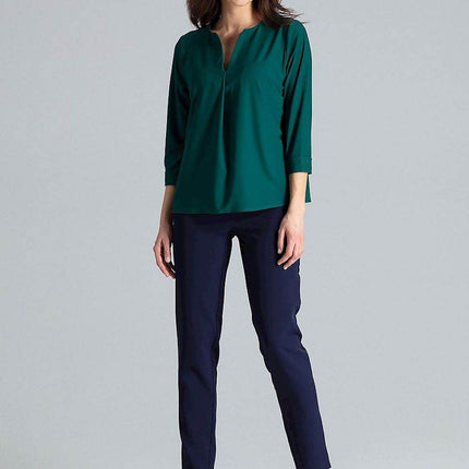 Loose-Fit Blouse with Long Cuffed Sleeves & Serek Neckline - MimiStylez