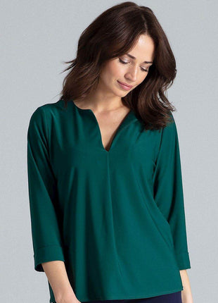Loose-Fit Blouse with Long Cuffed Sleeves & Serek Neckline - MimiStylez