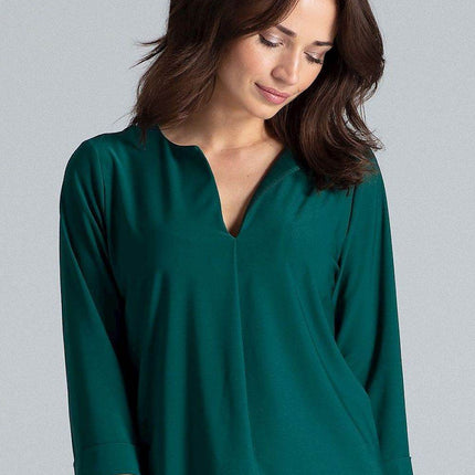 Loose-Fit Blouse with Long Cuffed Sleeves & Serek Neckline - MimiStylez