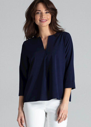 Loose-Fit Blouse with Long Cuffed Sleeves & Serek Neckline - MimiStylez