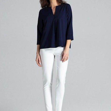 Loose-Fit Blouse with Long Cuffed Sleeves & Serek Neckline - MimiStylez