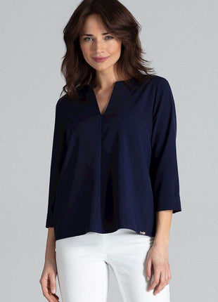 Loose-Fit Blouse with Long Cuffed Sleeves & Serek Neckline - MimiStylez